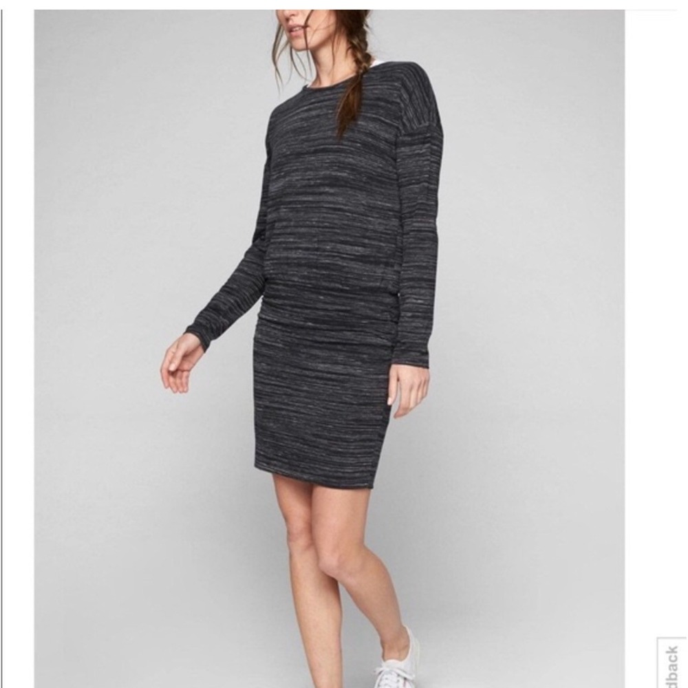 Athleta Avenues Dress Black Gray Space Dye Ruched Long Sleeve Large Casual NWT